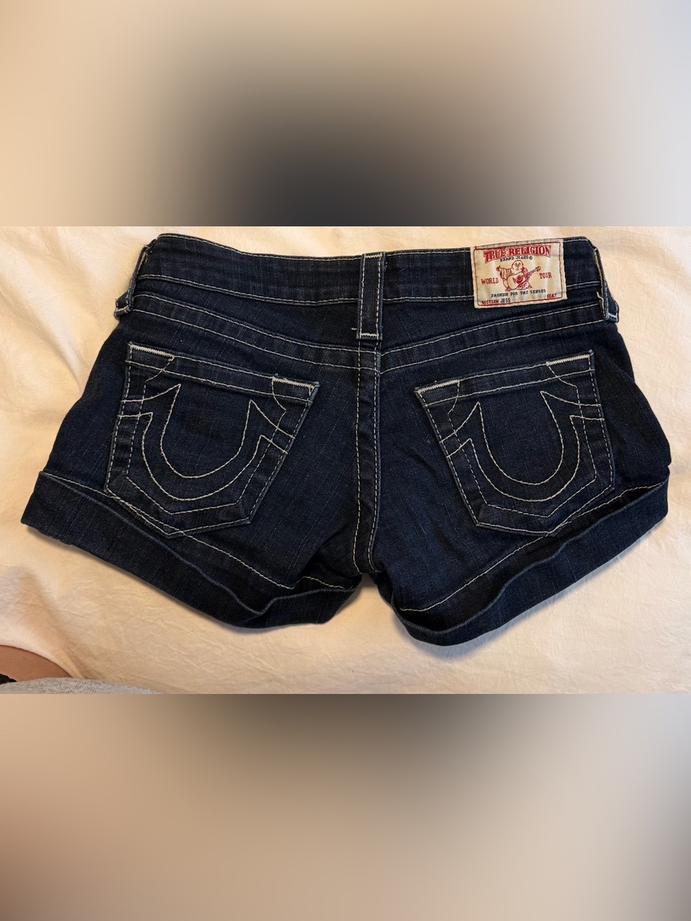 True Religion Dark Wash Denim Shorts with Contrast Stitching - Picture 2 of 4